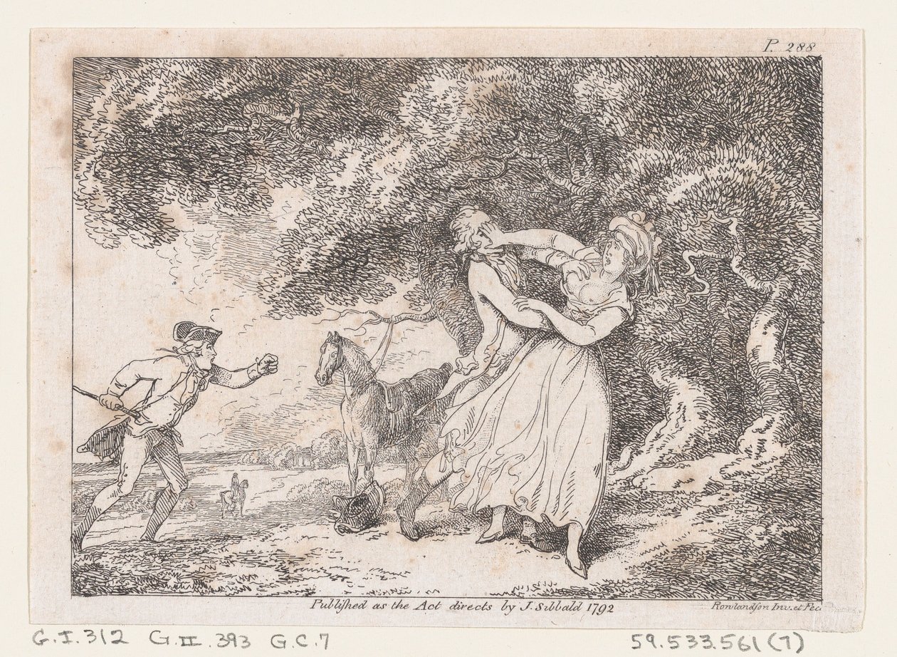 Jozef haast zich om Fanny te redden van dreigend gevaar, uit De avonturen van Joseph Andrew, 1792 door Thomas Rowlandson