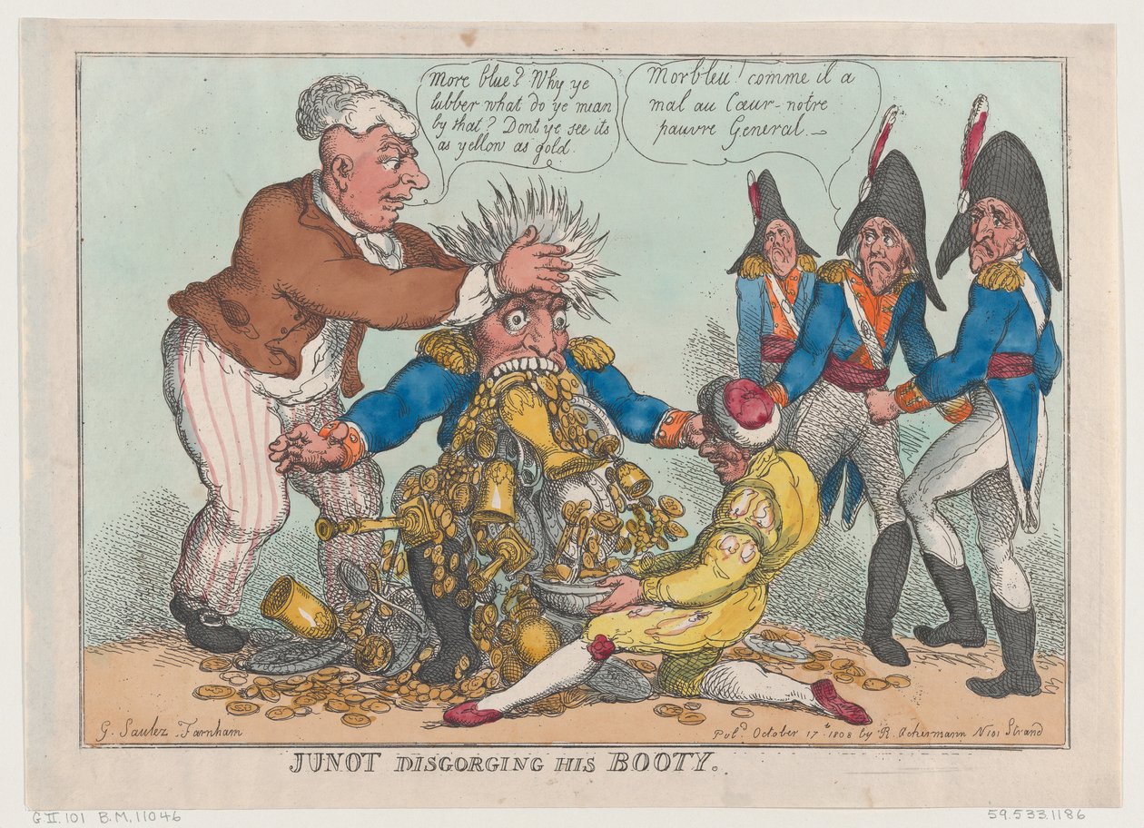 Junot spuugt zijn buit uit, 17 oktober 1808 door Thomas Rowlandson