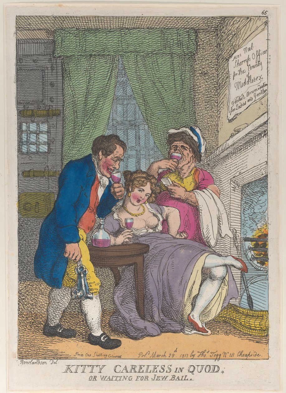 Kitty Careless in Quod of wachtend op Joodse borgtocht door Thomas Rowlandson