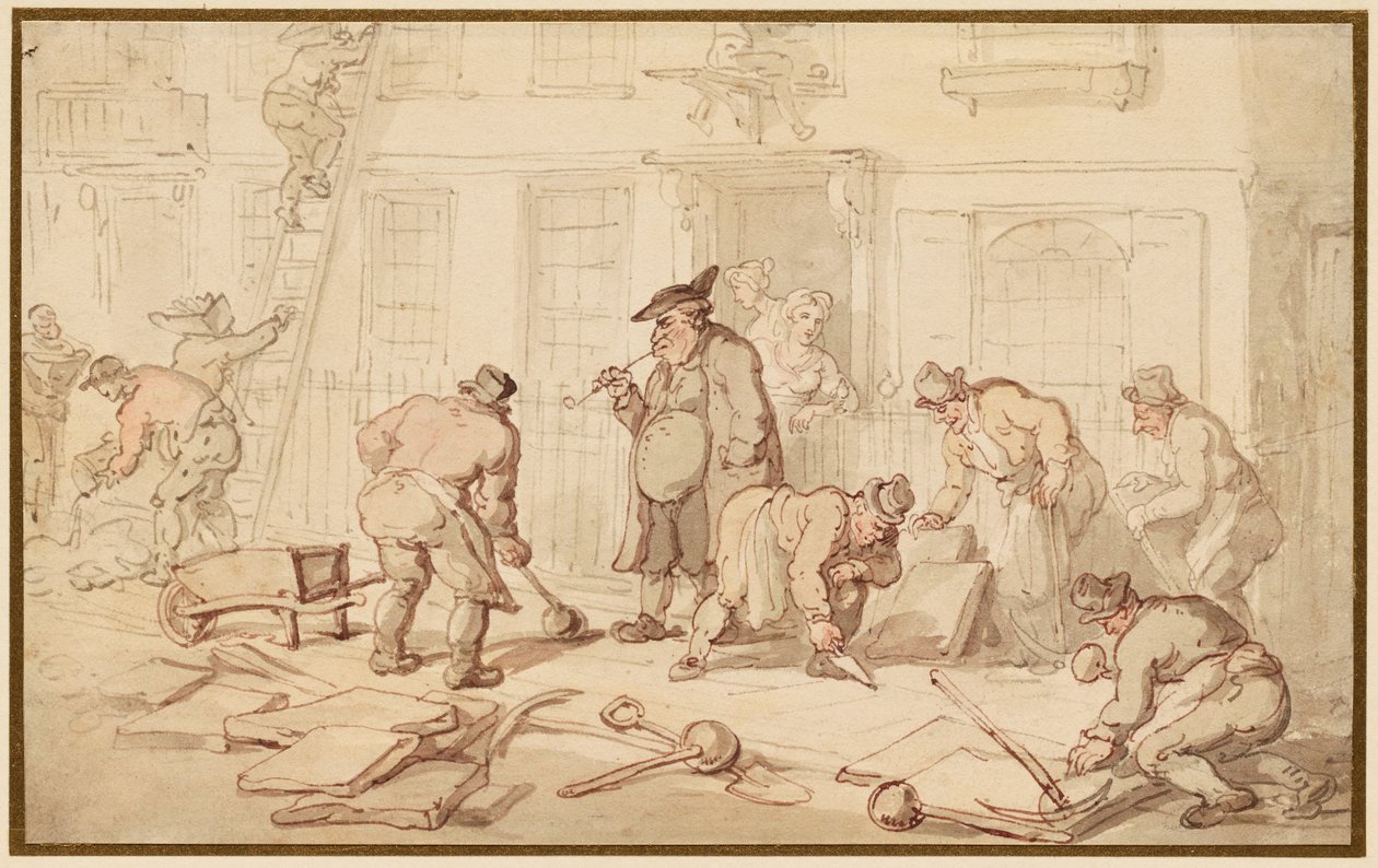 Arbeiders die bestrating aanleggen door Thomas Rowlandson
