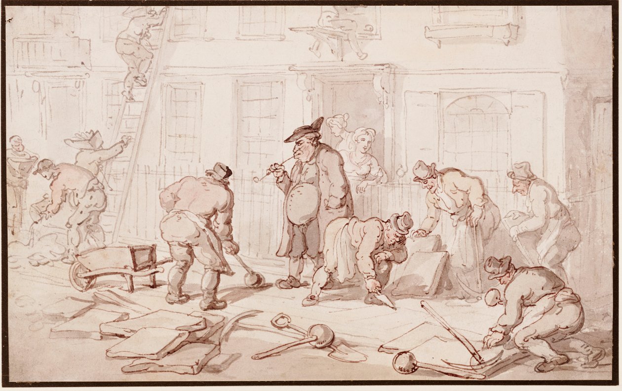 Arbeiders leggen een trottoir aan door Thomas Rowlandson