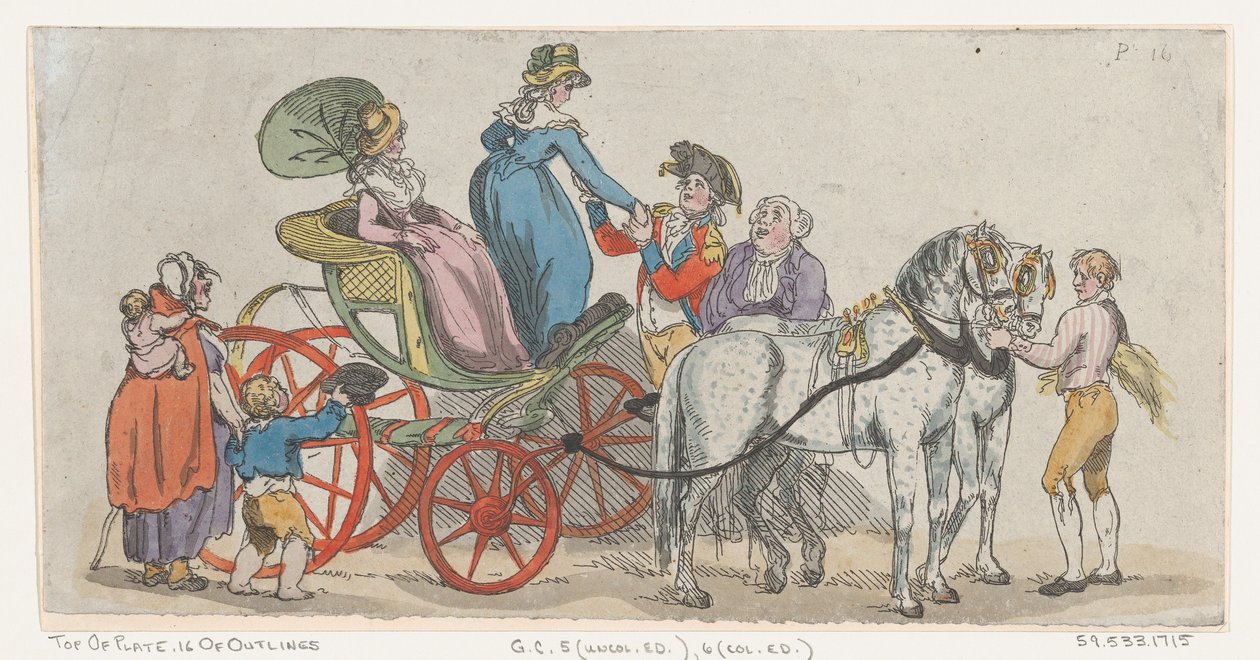 Dames die uit een koets stappen uit Plaat 16, Contouren van Figuren, Landschappen door Thomas Rowlandson