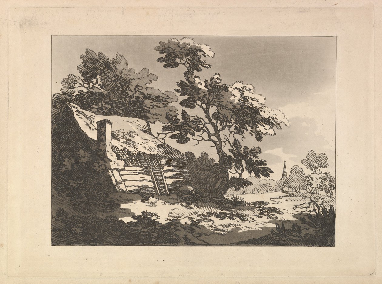 Landschap met Huisje tussen Bomen aan de Linkerkant, en een Verre Kerkspits aan de Rechterkant door Thomas Rowlandson