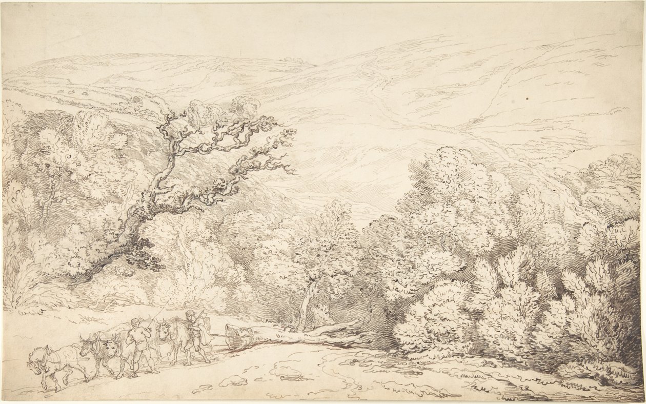 Landschap met ossen en een omgehakte boom door Thomas Rowlandson