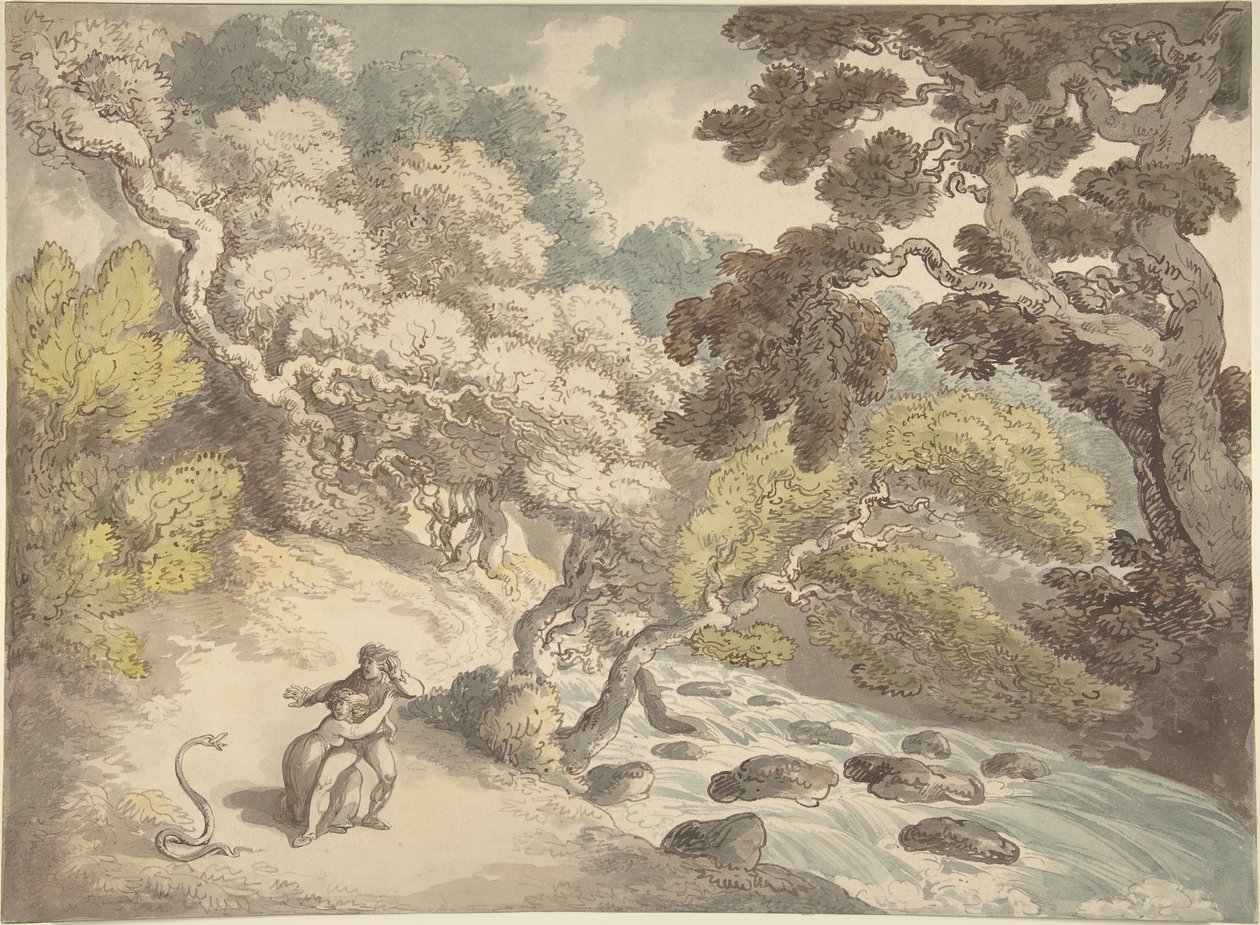 Landschap met een snelstromende beek en een stel op de oever, dat geschrokken is van een slang door Thomas Rowlandson