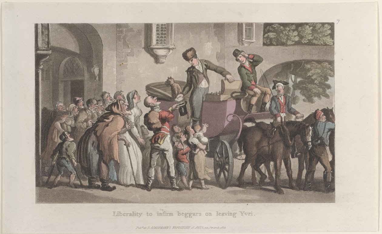 Vrijgevigheid aan zieke bedelaars bij het verlaten van Yrvi, uit Journal of Sentimental Travels door Thomas Rowlandson