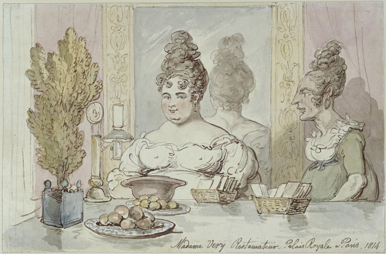 Mevrouw Véry, restauranthoudster. Palais Royal in Parijs door Thomas Rowlandson