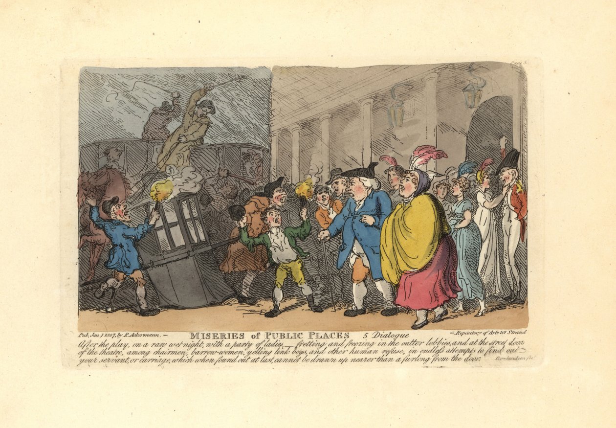 Man en dames zoeken naar een koets in een menigte in de regen door Thomas Rowlandson