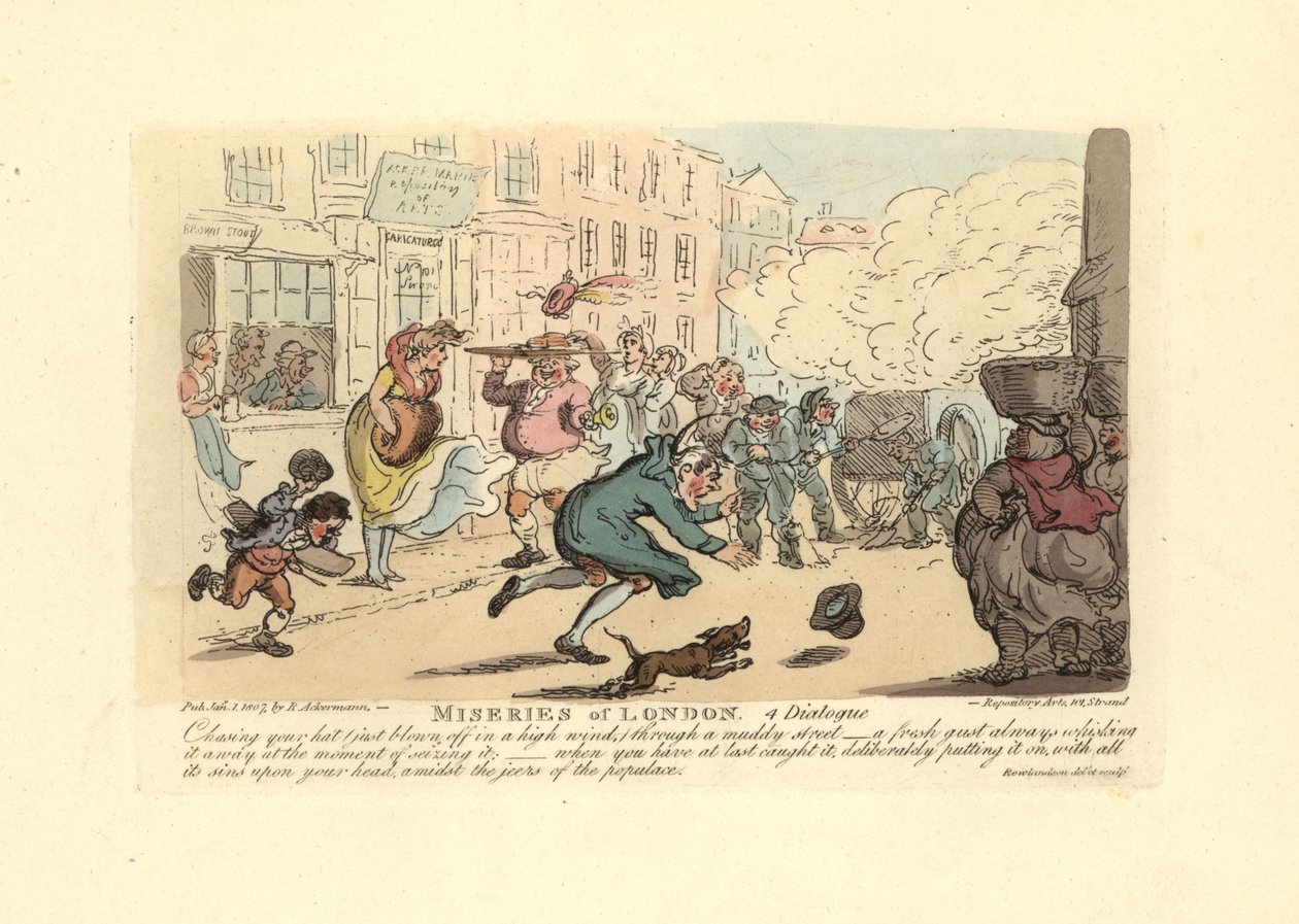 Man die zijn hoed achterna rent in een modderige straat bij harde wind door Thomas Rowlandson