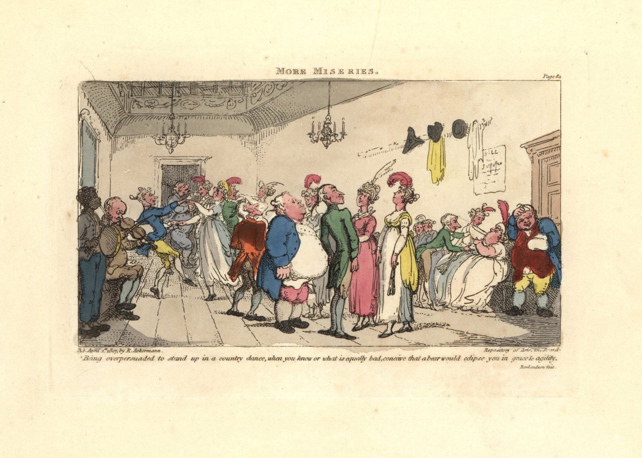 Man beschaamd omdat hij gedwongen wordt te dansen op een dorpsdans door Thomas Rowlandson