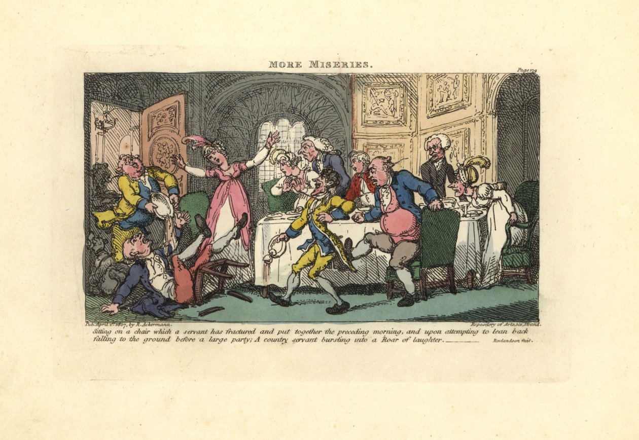 Man die van een gebroken stoel valt tijdens een diner door Thomas Rowlandson
