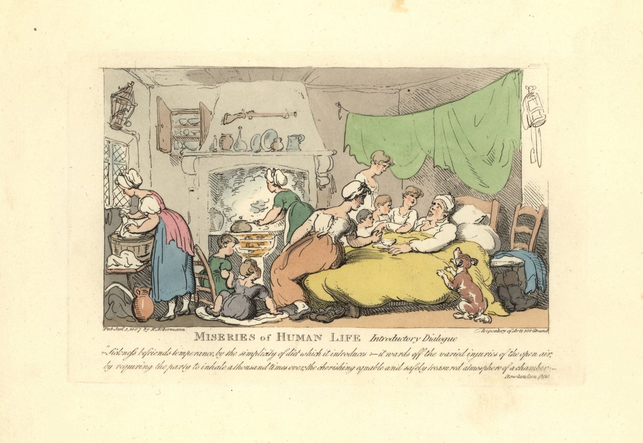 Man in zijn ziekbed omringd door zorgzame vrouw, kinderen en dienstmeid door Thomas Rowlandson