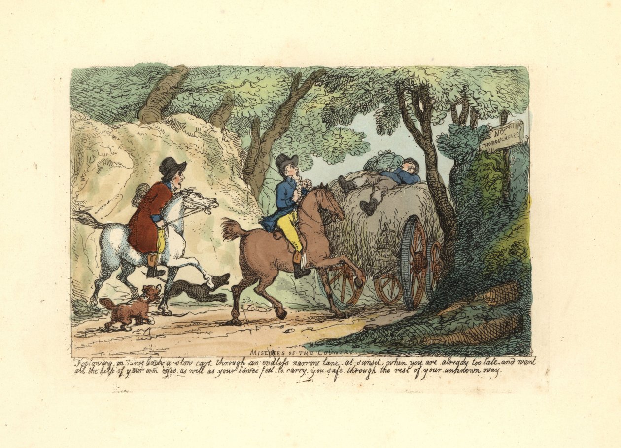 Man te paard achter een langzaam rijdende kar op een smalle laan door Thomas Rowlandson