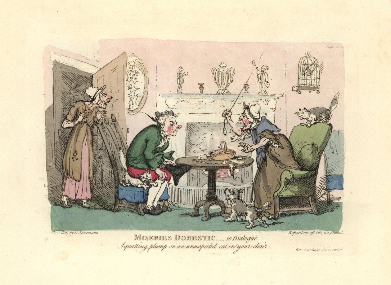 Man die op een geschrokken kat in zijn stoel gaat zitten door Thomas Rowlandson