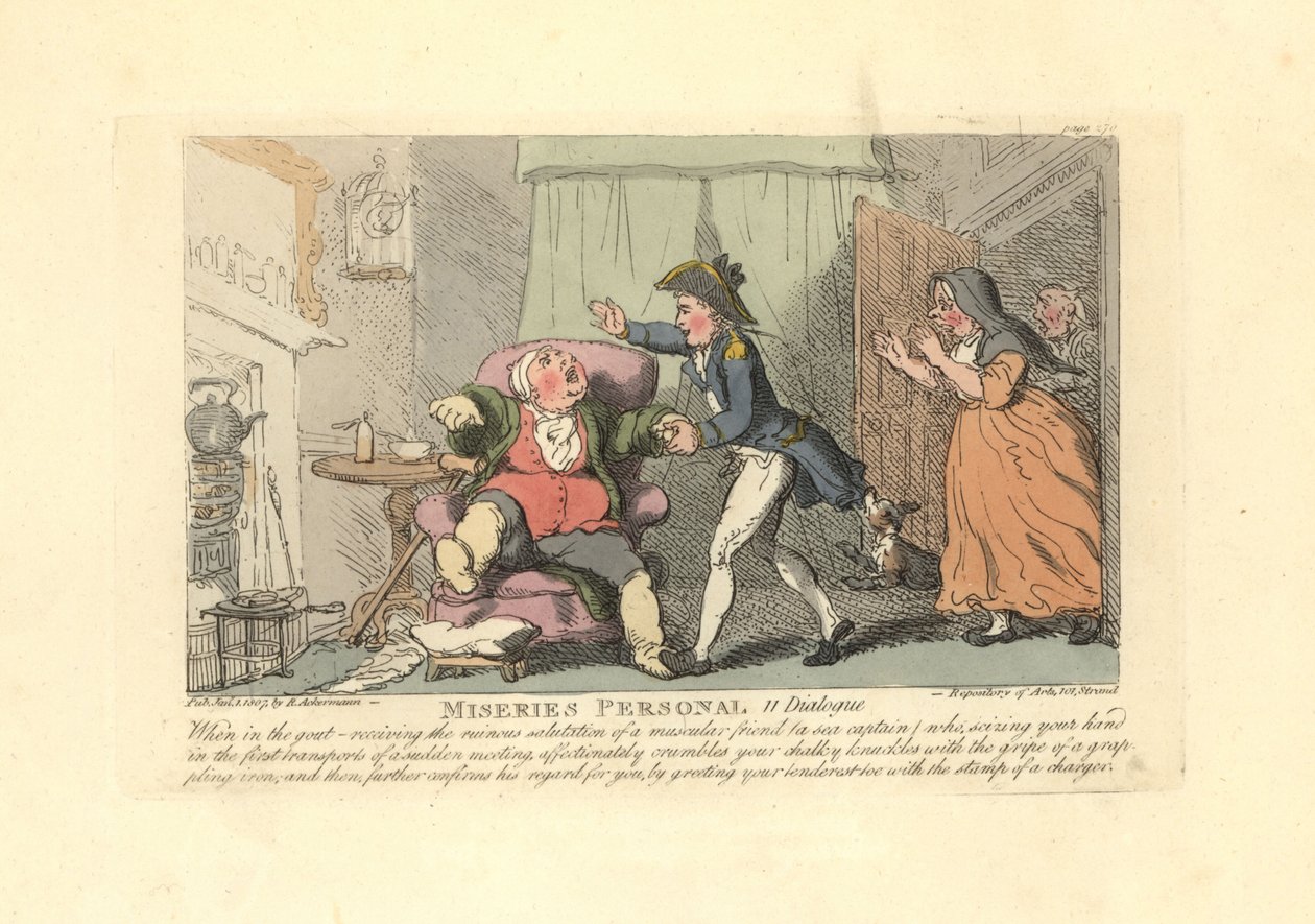 Man met jicht wordt pijnlijk begroet door een matroos door Thomas Rowlandson