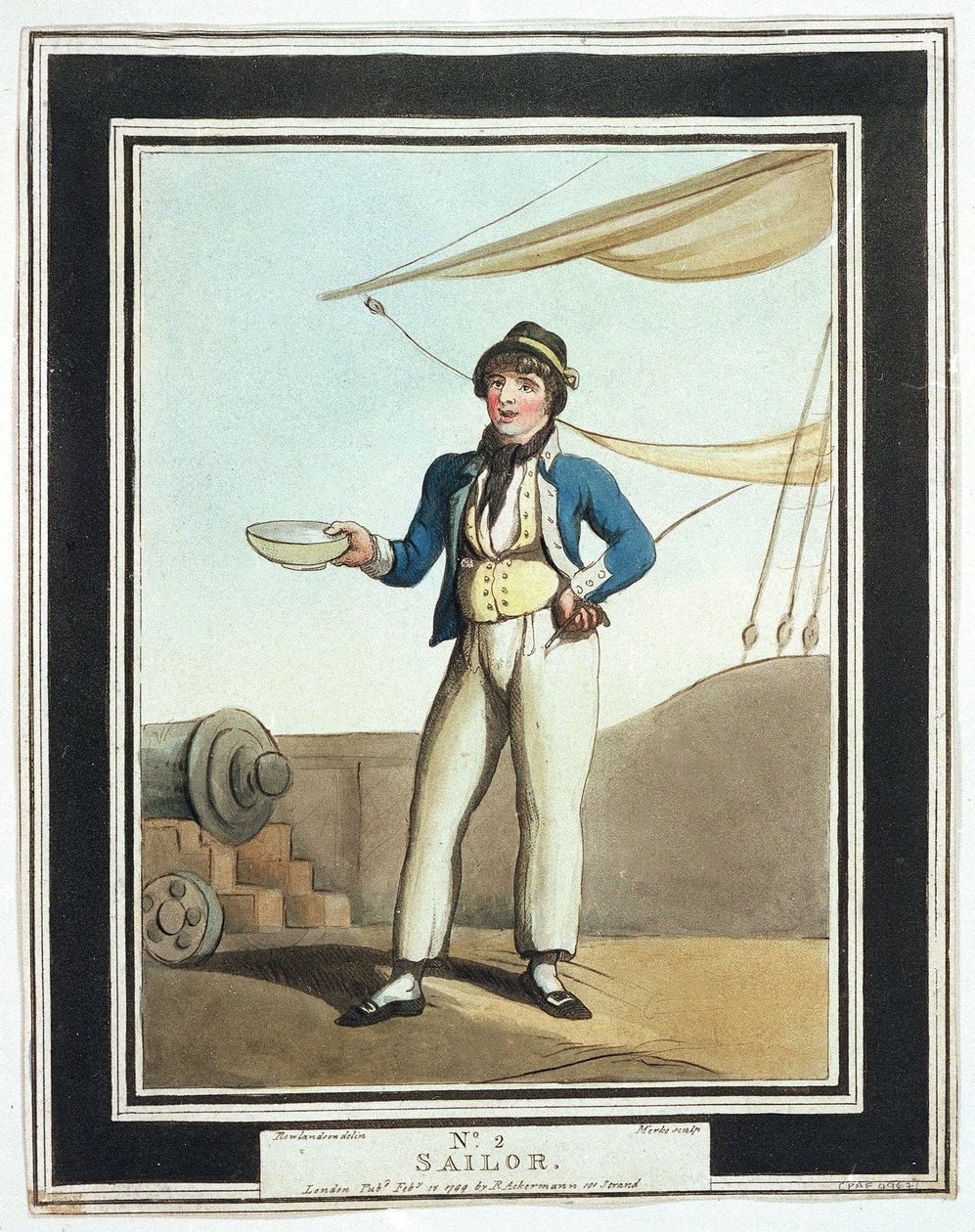 Marinier, tijdens de tijd van Horatio Nelson (1758-1805), toegewezen aan verschillende taken volgens hun capaciteiten door Thomas Rowlandson