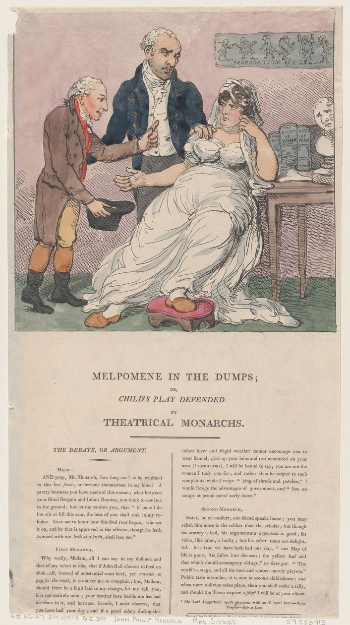 Melpomene in de put, of kinderspel verdedigd door theatrale vorsten, 1804 door Thomas Rowlandson