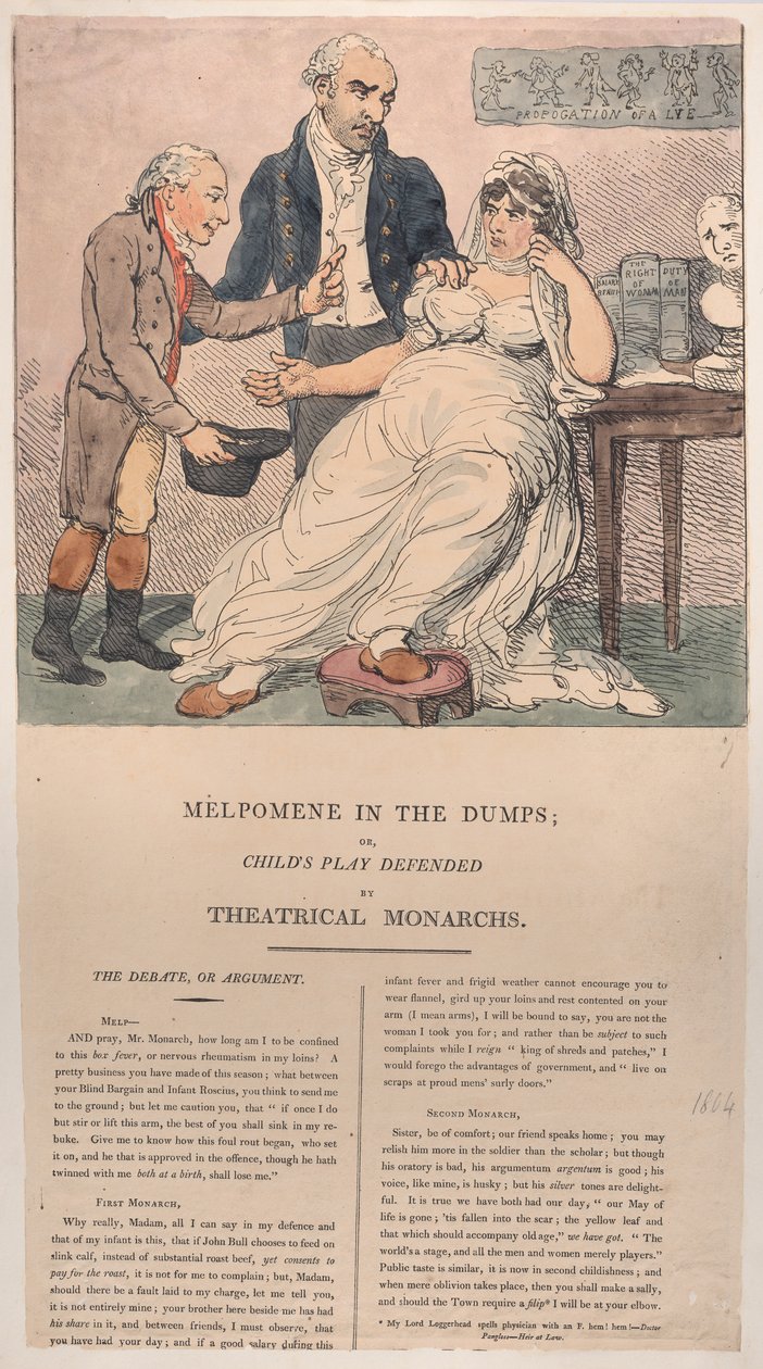 Melpomene in de Put, of Kinderspel Verdedigd door Theatrale Monarchen, 1804 door Thomas Rowlandson
