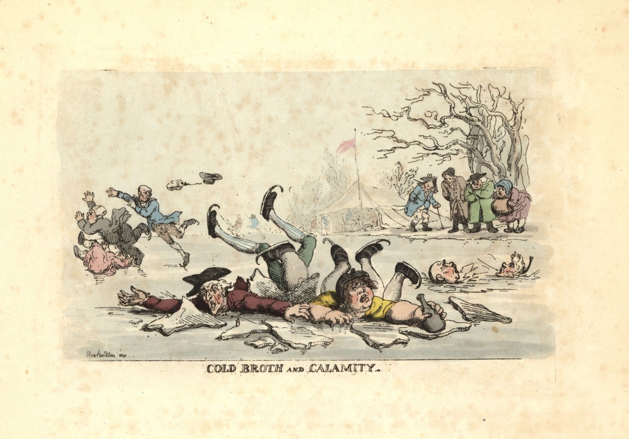 Mannen en vrouwen schaatsen op dun ijs en vallen in een bevroren rivier door Thomas Rowlandson