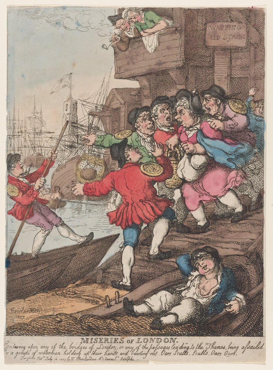 Ellende van Londen: Het betreden van een van de bruggen van Londen door Thomas Rowlandson
