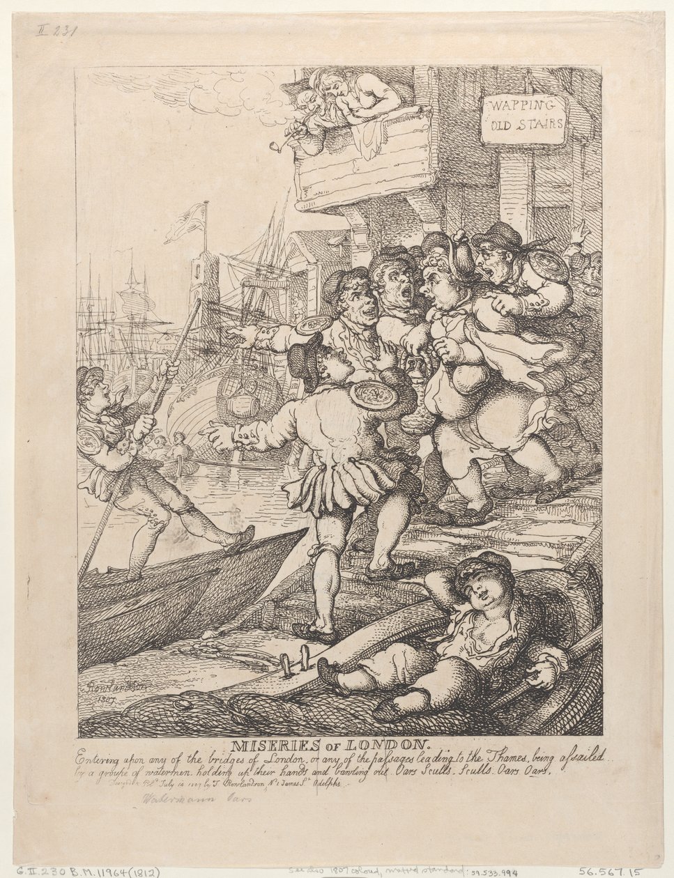 De ellende van Londen: Zodra je een van de bruggen van Londen of een van de doorgangen naar de Theems betreedt, word je bestormd door een groep schippers die hun handen omhoog steken en luidkeels roepen: „Roeren! Roeren! Roeren! Roeren!” door Thomas Rowlandson