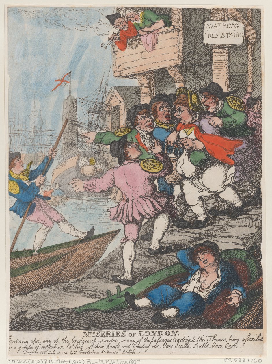 De ellende van Londen: Zodra je een van de bruggen van Londen of een van de doorgangen naar de Theems betreedt, word je bestormd door een groep schippers die hun handen omhoog steken en luidkeels roepen: „Roeren! Roeren! Roeren! Roeren!” door Thomas Rowlandson