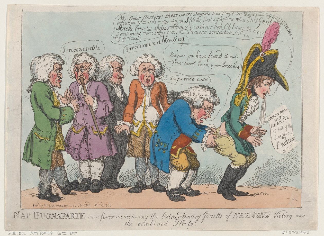 Nap Buonaparte in koorts bij ontvangst van de buitengewone Gazette van Nelson door Thomas Rowlandson