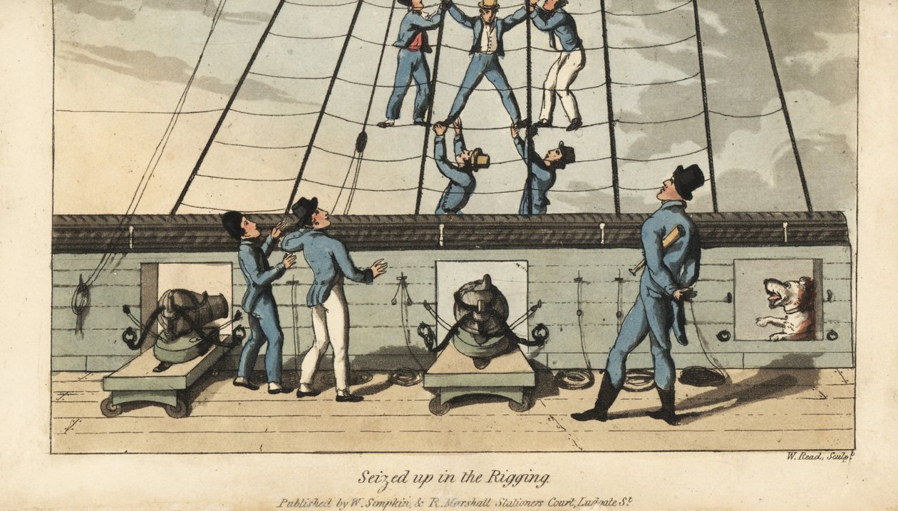 Zeevaart ritueel: Johnny wordt gegrepen en uitgespreid in het tuig door zijn mede-zeelieden. Handgekleurde kopergravure door W. Read naar een illustratie van Thomas Rowlandson uit Alfred Burton