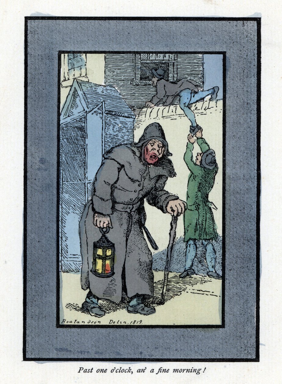 Nachtwaker met zijn lantaarn en stok, onoplettend voor twee inbrekers (houtsnede gebaseerd op een schilderij van Thomas Rowlandson) door Thomas Rowlandson