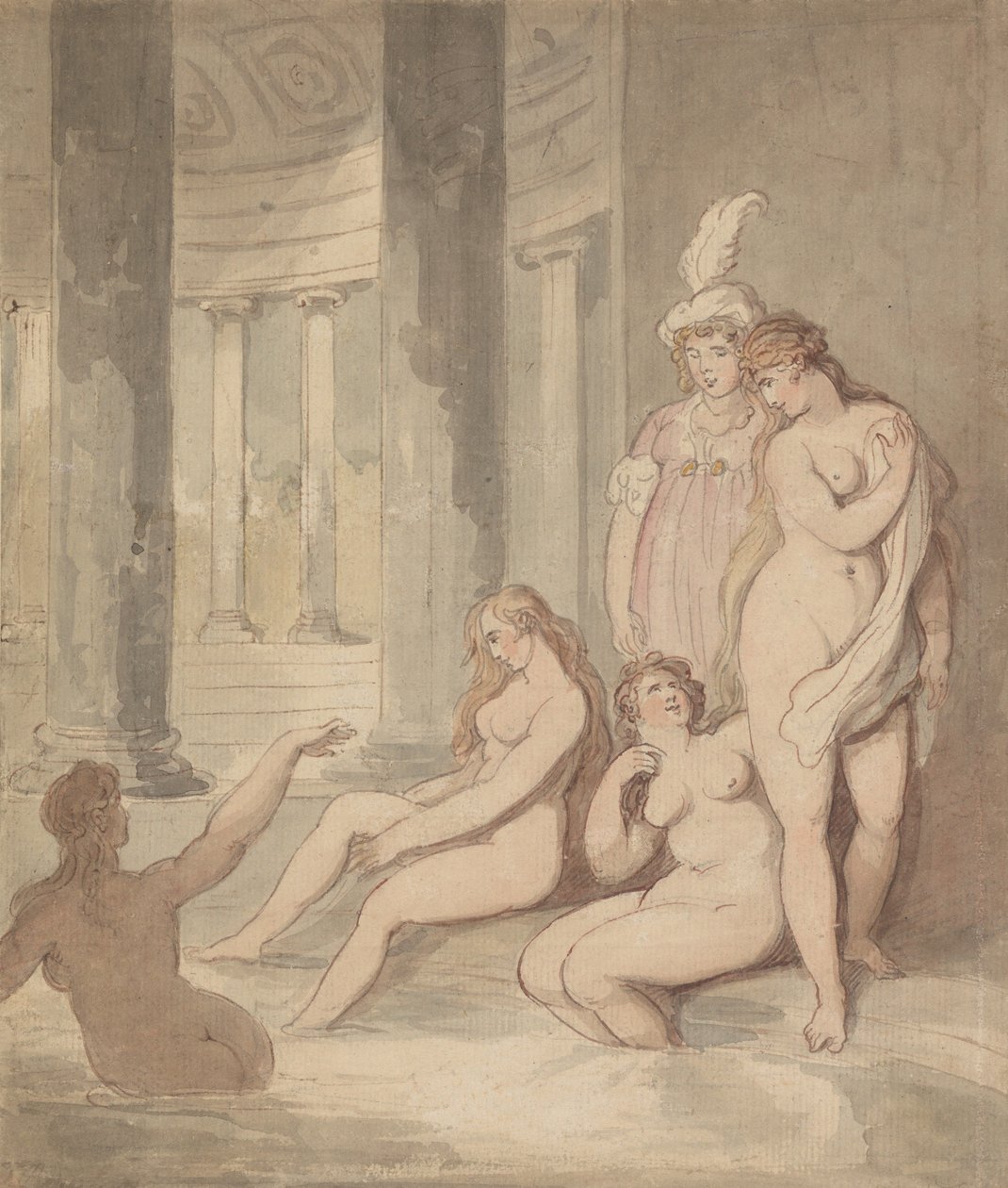 Nimfen in een Romeins badhuis door Thomas Rowlandson