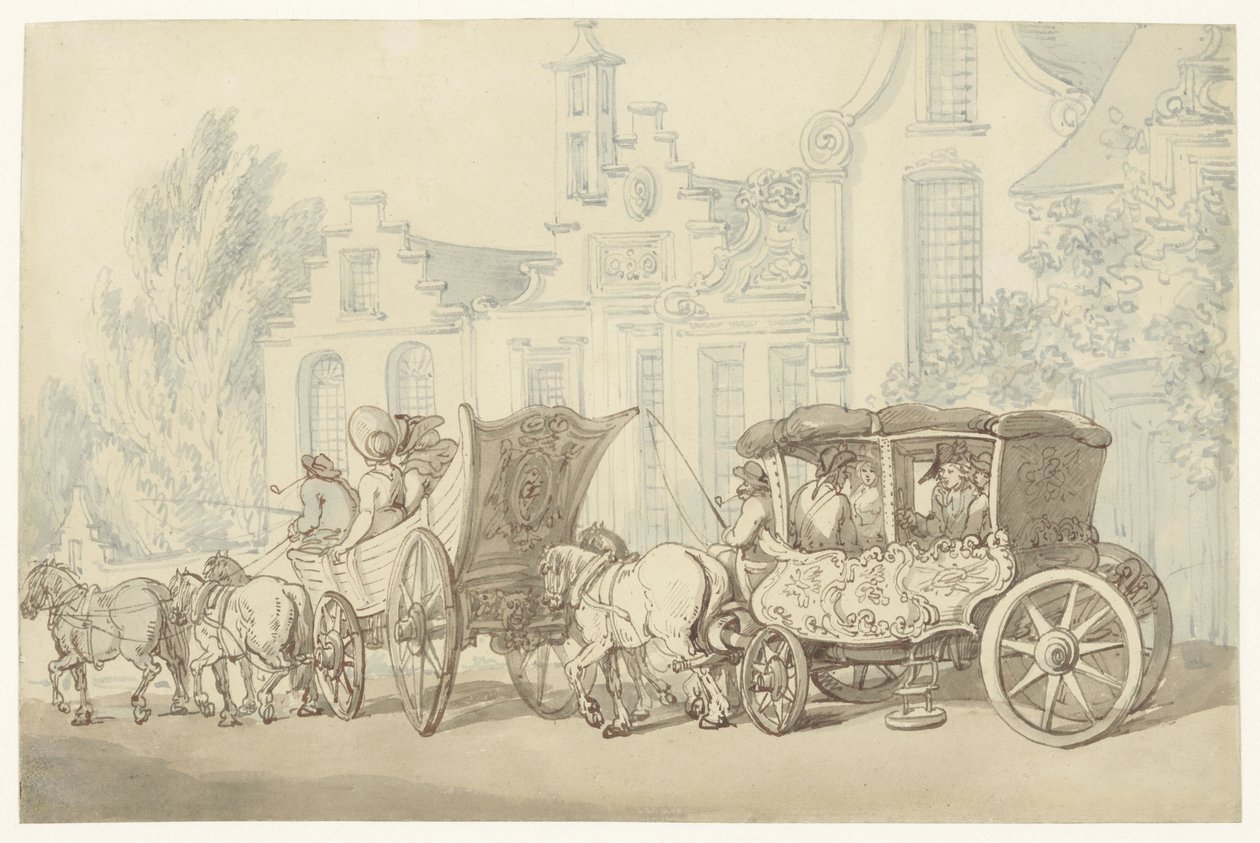 Open reiswagen en koets in een quasi-Hollandse straat door Thomas Rowlandson