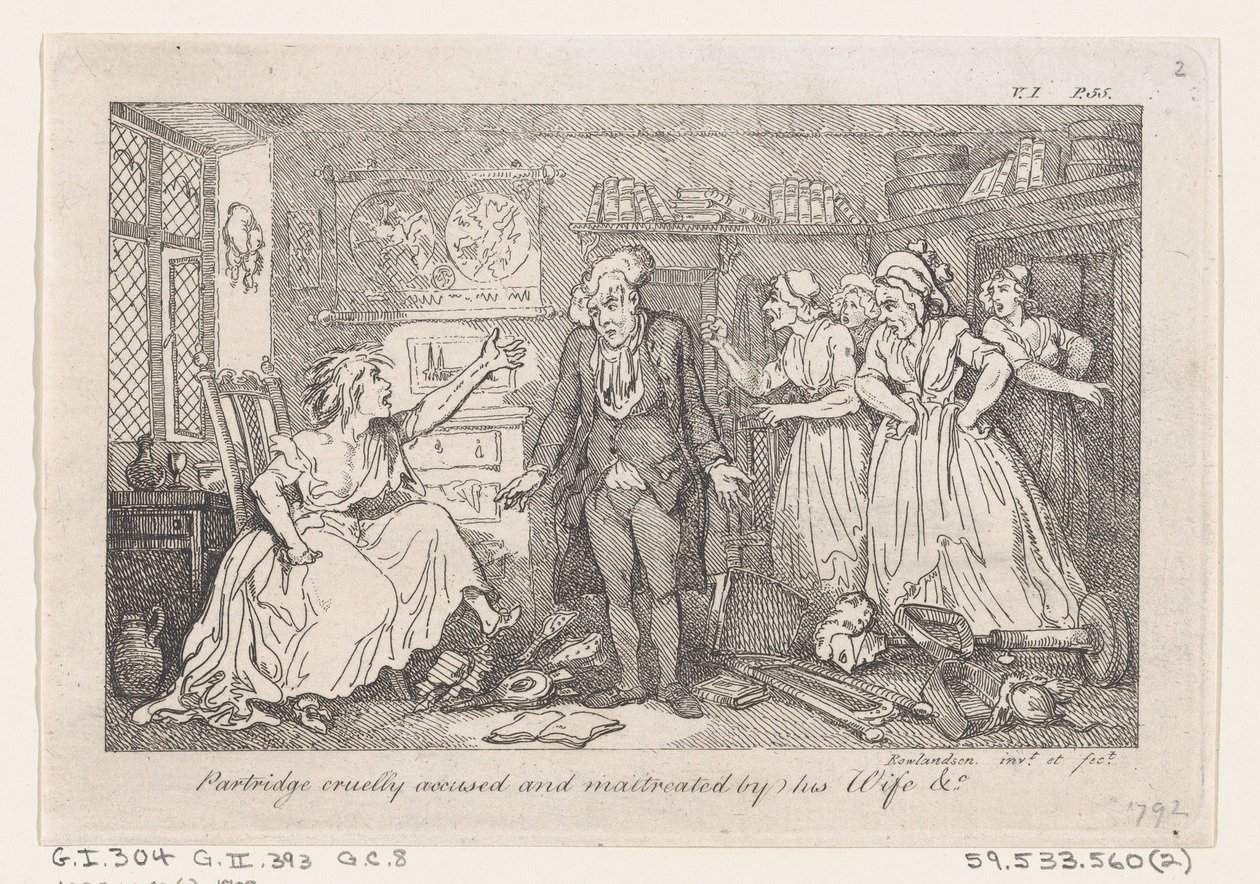 Patrijs wreed beschuldigd en mishandeld door zijn vrouw, uit De geschiedenis van Tom Jones, een vondeling door Thomas Rowlandson