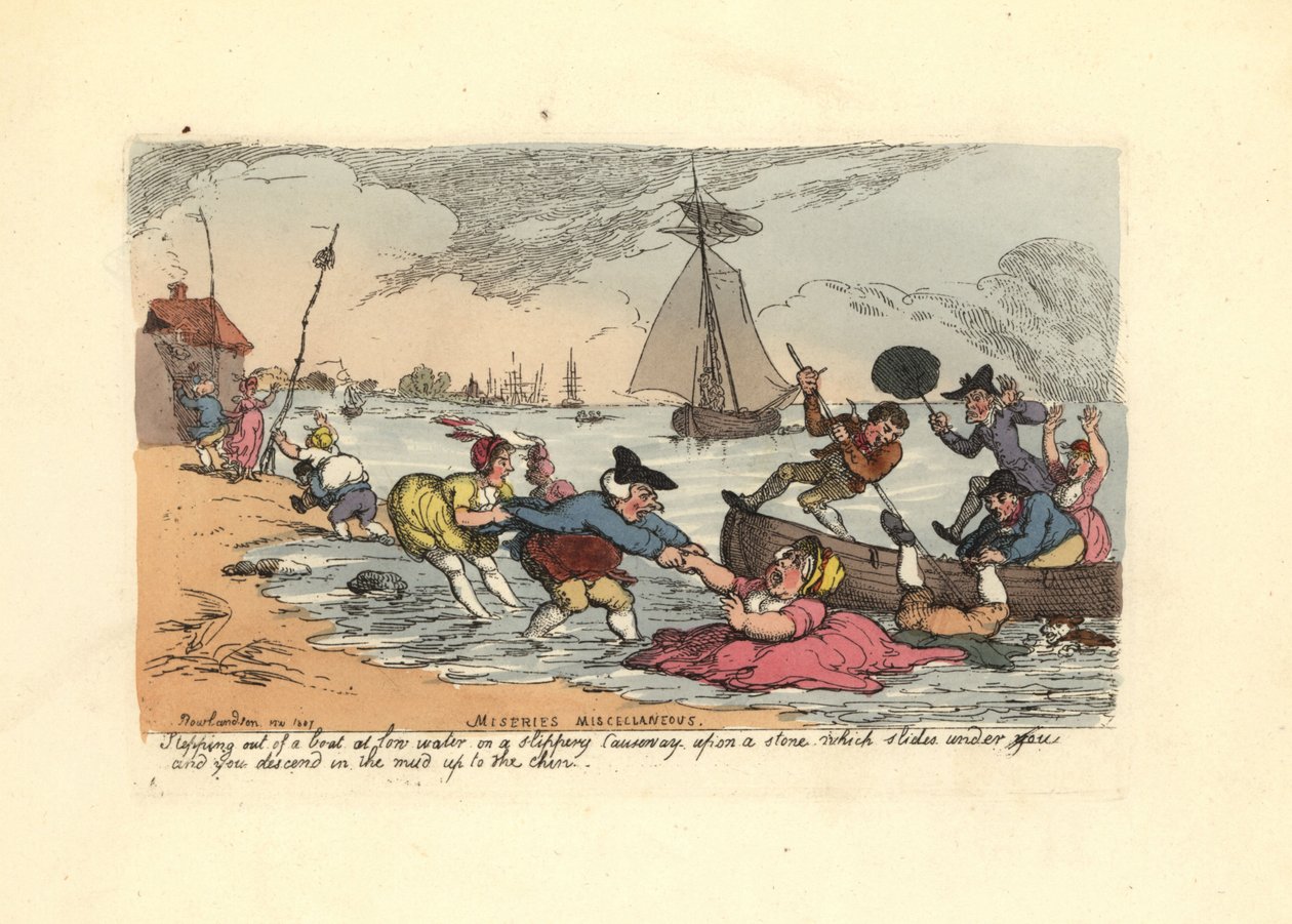 Passagiers die uitglijden en in de riviermodder vallen door Thomas Rowlandson