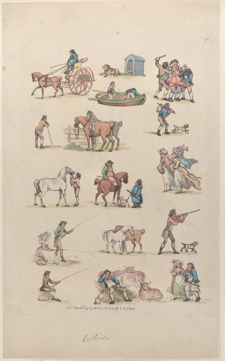 Plate 1, Outlines of Figures, Landscapes and Cattle...for the Use of Learners door Thomas Rowlandson