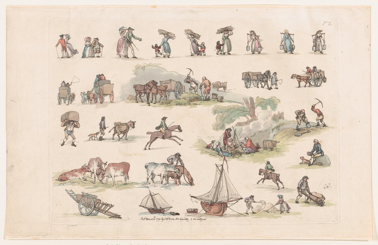 Plaat 2, Contouren van figuren, landschappen en vee... voor het gebruik van leerlingen, Ma... door Thomas Rowlandson