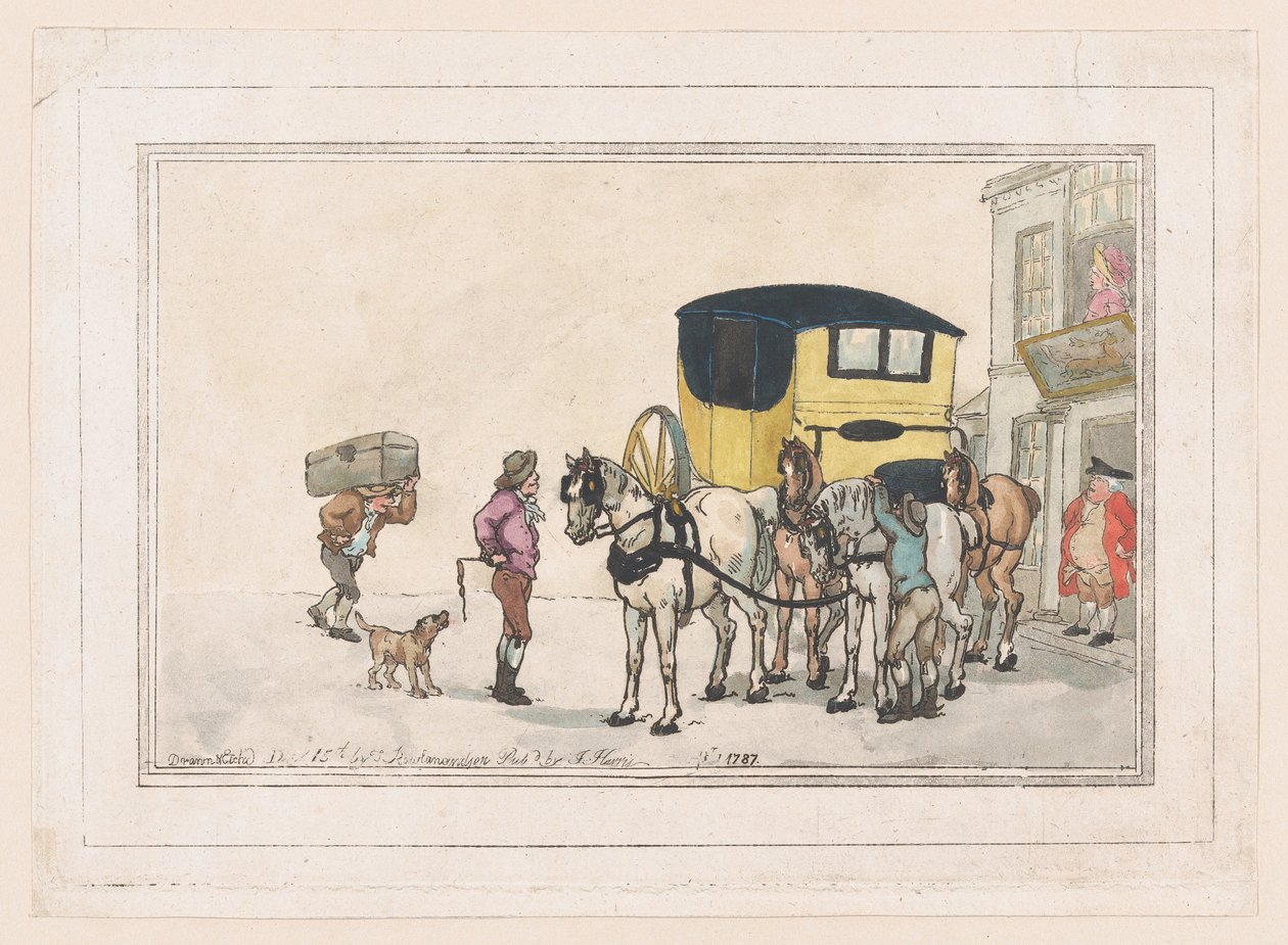 Postjongens en postpaarden bij de White Hart Inn, 15 december 1787 door Thomas Rowlandson