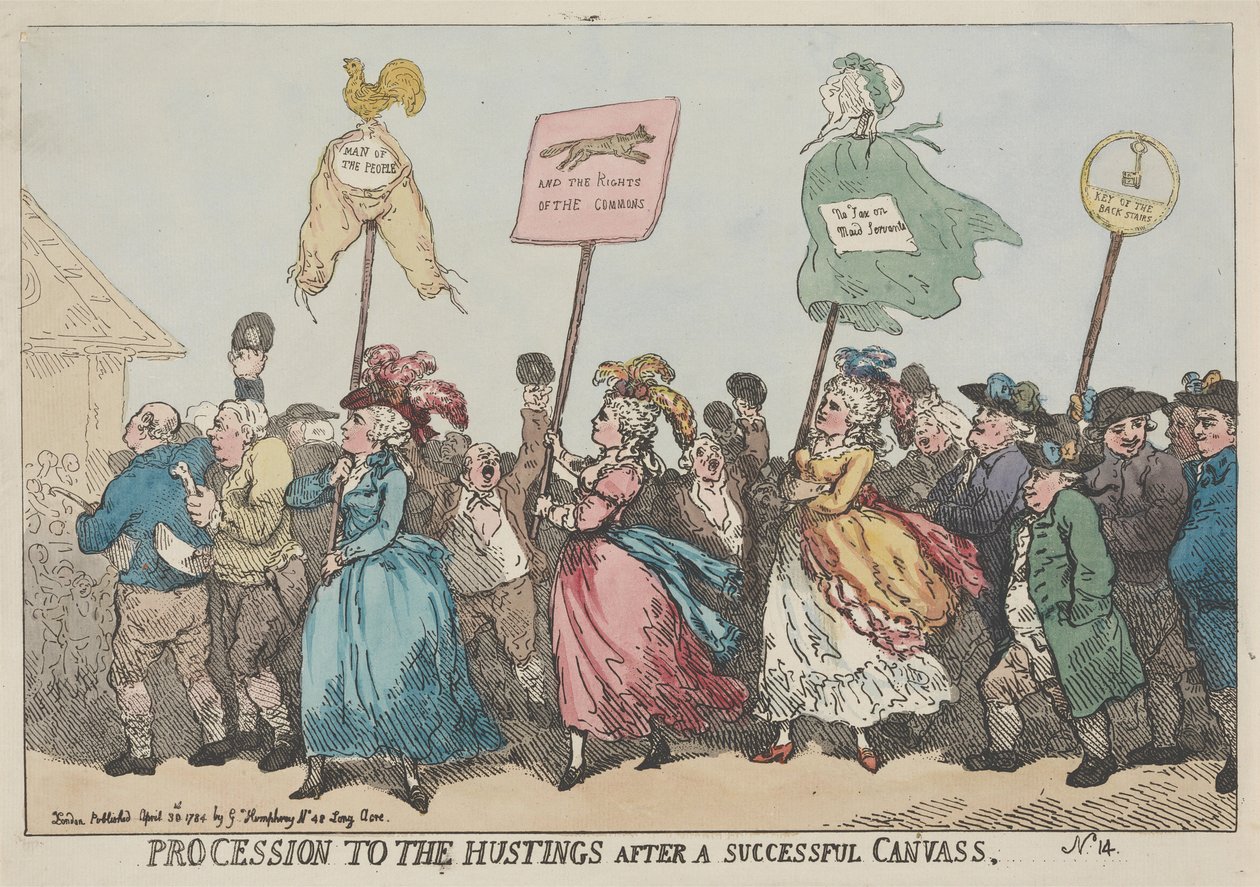Optocht naar het verkiezingspodium na een succesvolle verkiezingscampagne door Thomas Rowlandson