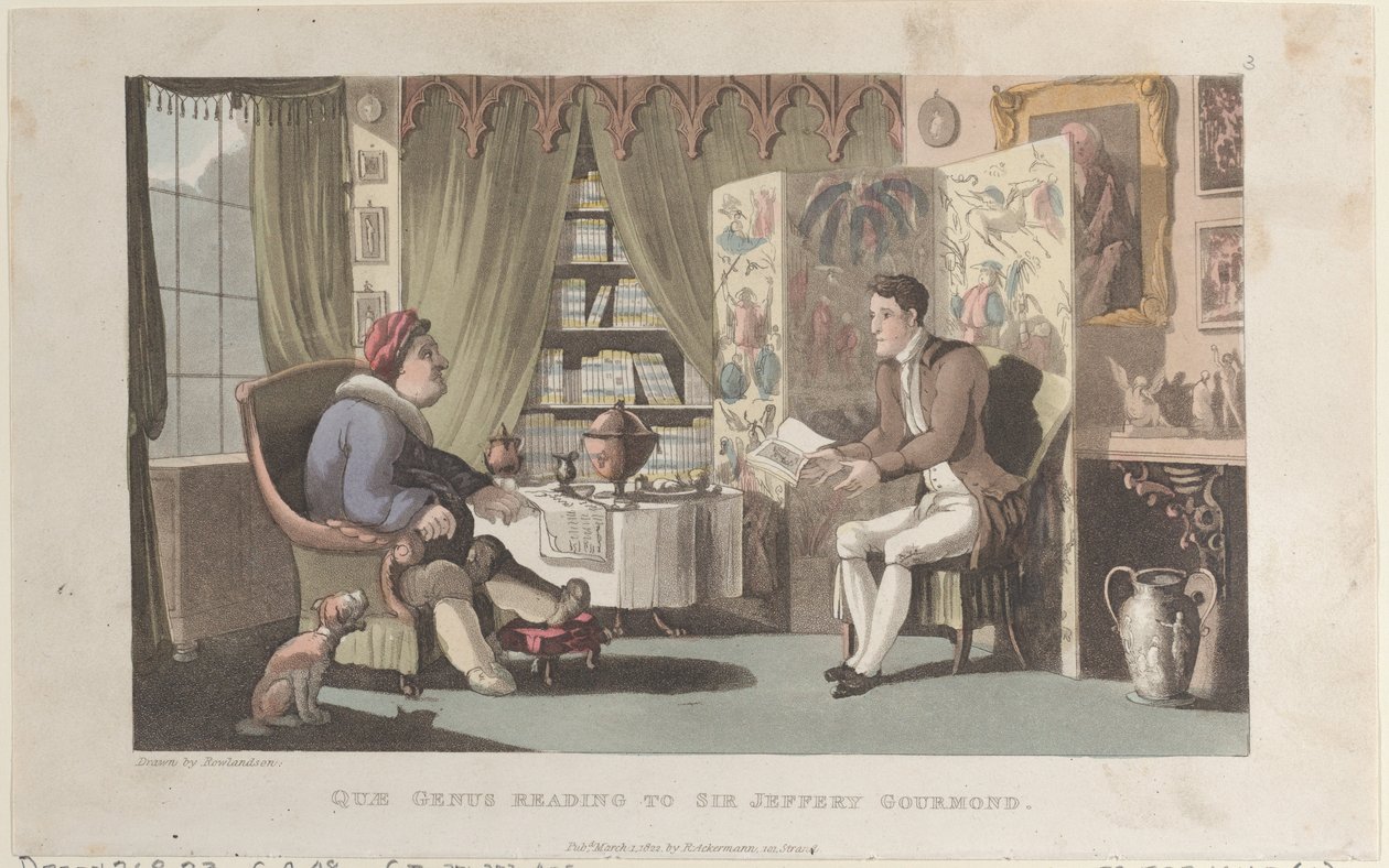 Quae Genus Leest voor aan Sir Jeffery Gourmand, uit The History of Johnny Quae Genu..., 1 maart 1822 door Thomas Rowlandson