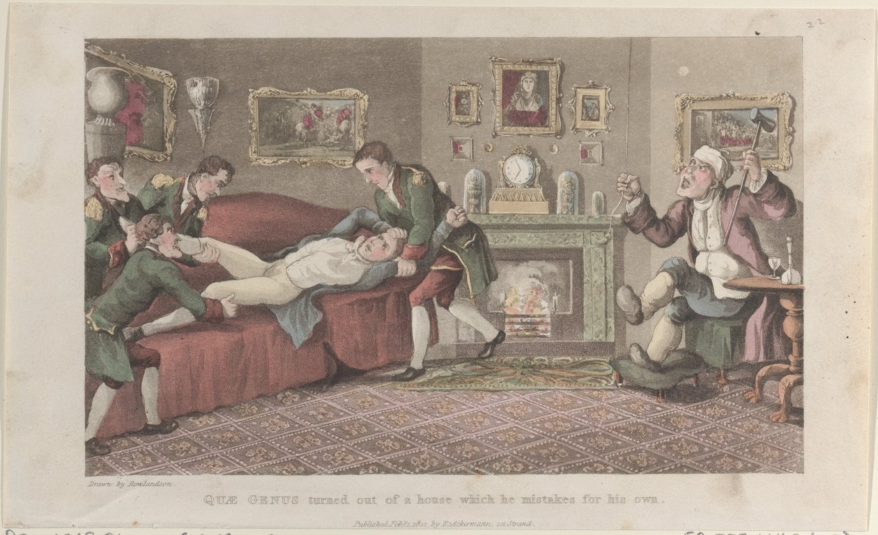 Quae Genus uit een huis gezet dat hij voor het zijne aanziet, uit The Hist..., 1 februari 1822 door Thomas Rowlandson