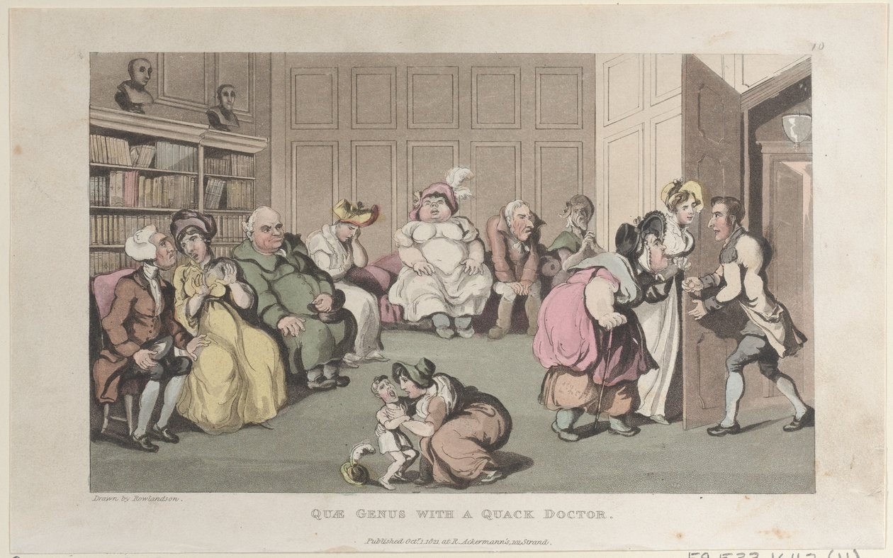 Quae Genus met een kwakzalver, uit De Geschiedenis van Johnny Quae Genus, De Lit..., 1 oktober 1821 door Thomas Rowlandson