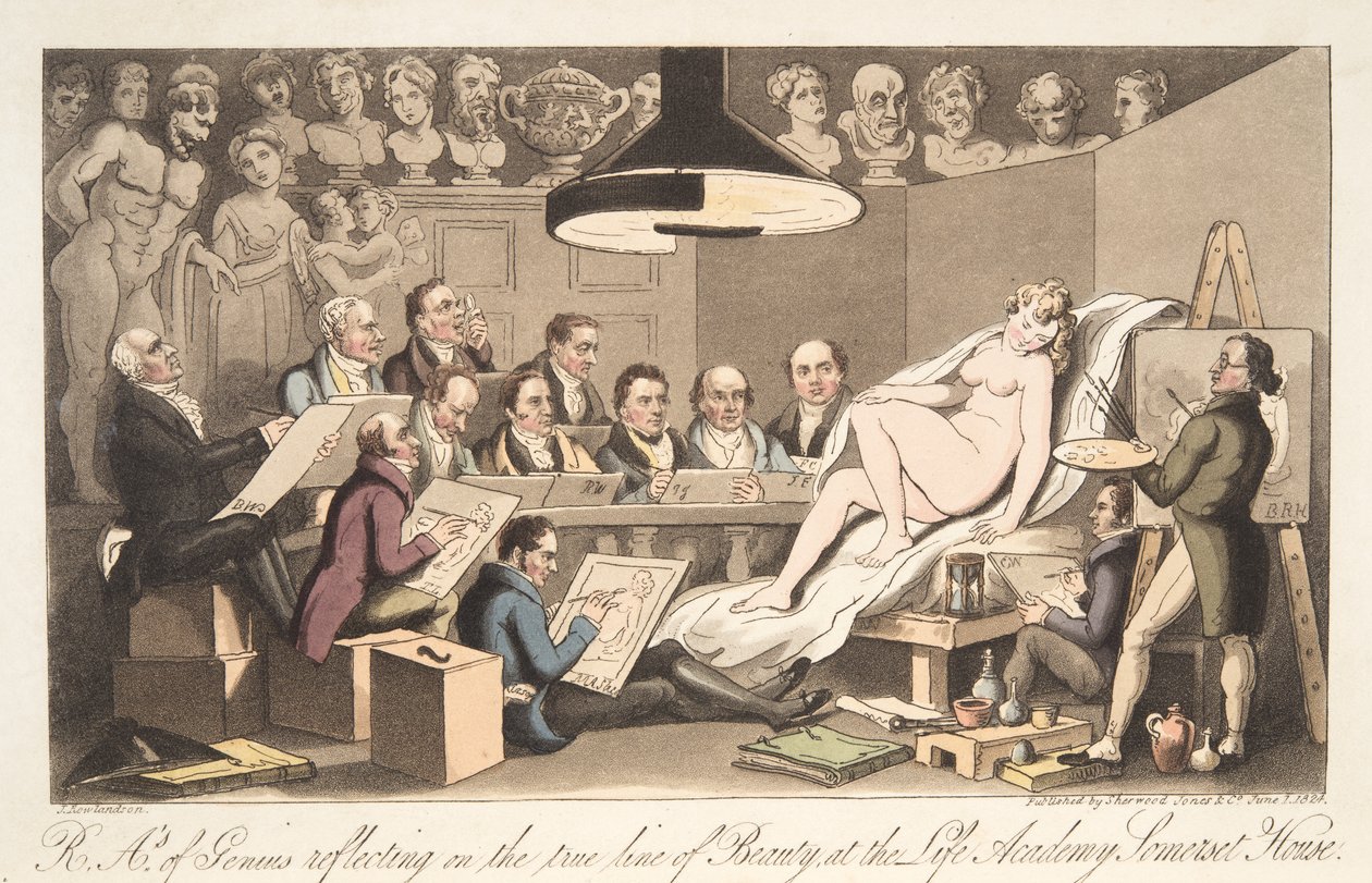 R---A---ys van genialiteit reflecterend op de ware lijn van schoonheid in de Life Academy, Somerset House, uit The English Spy, uitgegeven 1824 door Thomas Rowlandson