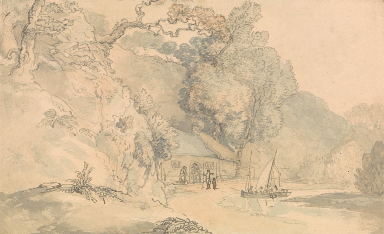 Riviergezicht met kleine bootjes door Thomas Rowlandson