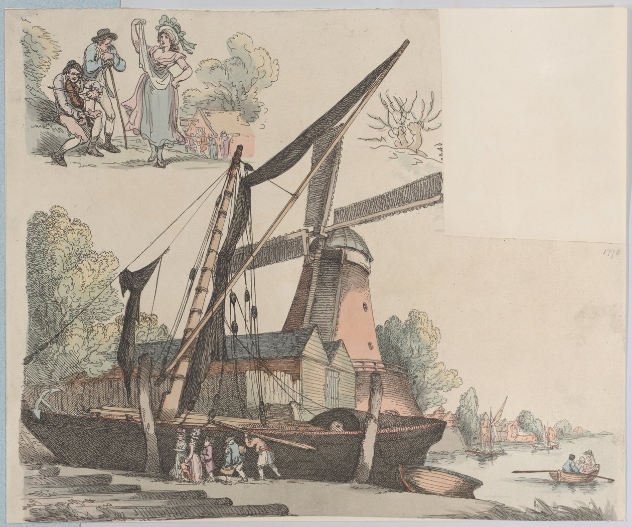 Rivierscène met molen van plaat 9, Contouren van figuren, landschappen en C..., 20 januari 1791 door Thomas Rowlandson