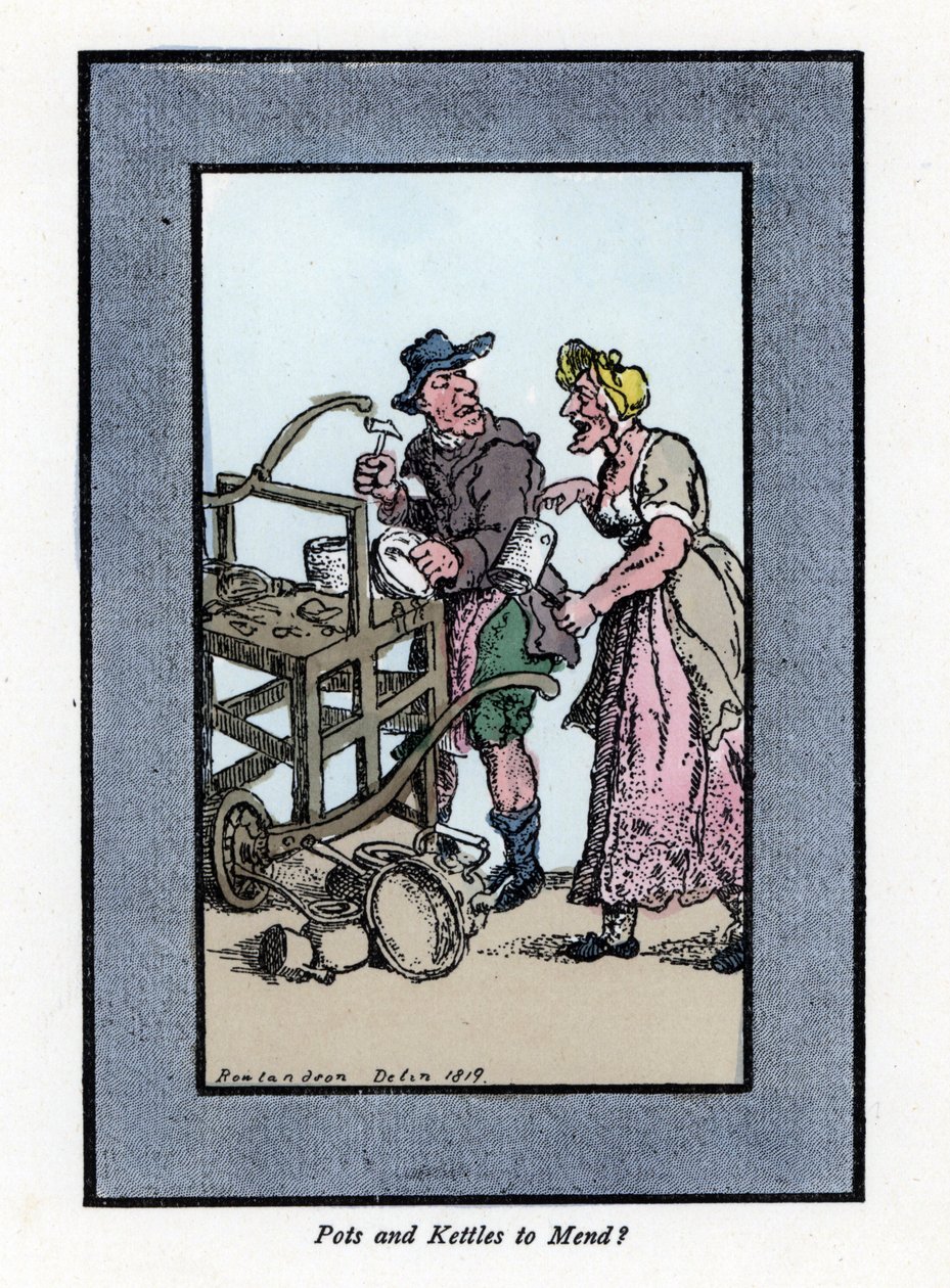 Rondreizende en klant die de onderkant van een pot laat zien. Hij slaat met een hamer op een metalen pot op een draagbare bank. Houtsnede, gebaseerd op een schilderij door Thomas Rowlandson (1756-1827), gepubliceerd in The Cris of London: met zes charmante door Thomas Rowlandson