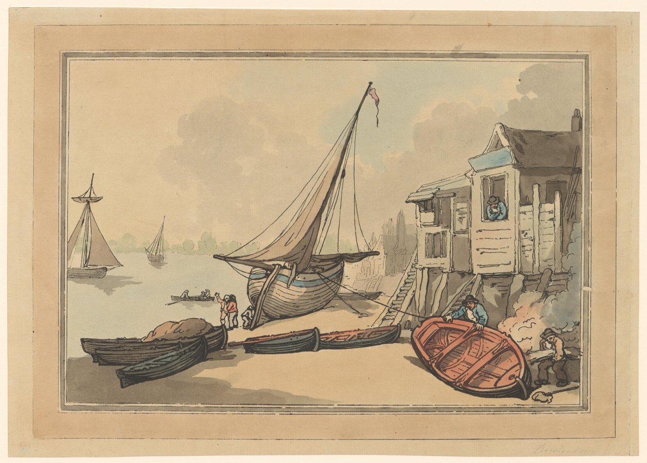 Roeiboten en een zeilschip op een oever door Thomas Rowlandson