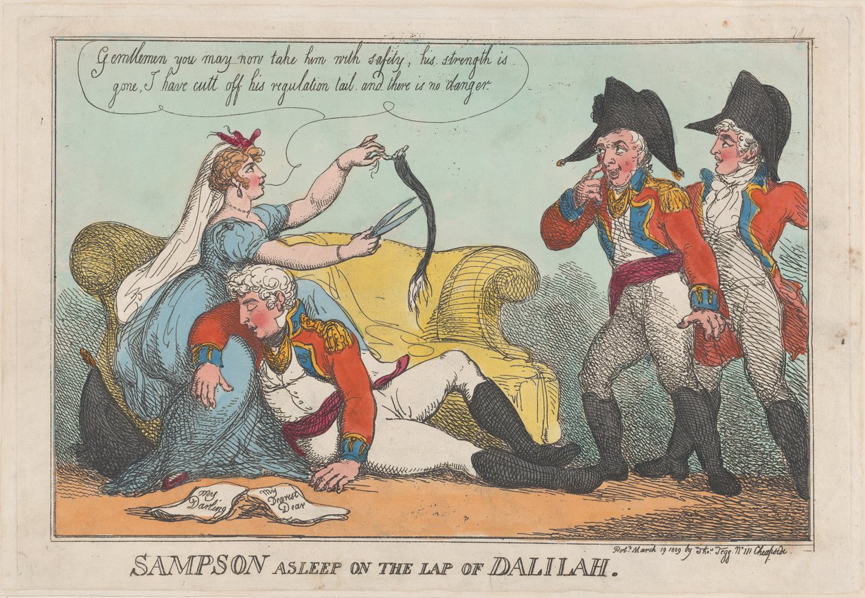 Sampson slaapt op de schoot van Dalilah door Thomas Rowlandson