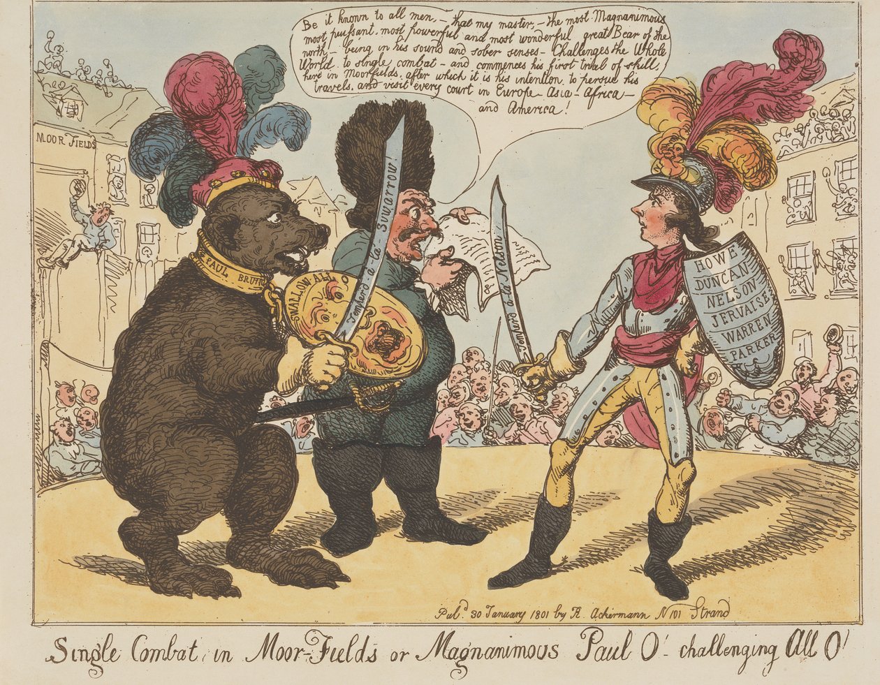 Eén-op-één-gevecht in Moorfields, of de grootmoedige Paul O! – Daagt iedereen uit, O! (uit: Caricature, deel 4) door Thomas Rowlandson