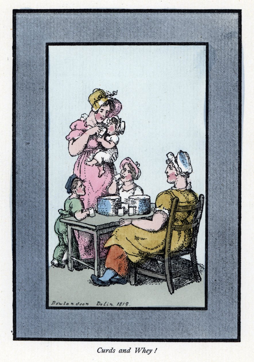 Zittende vrouw die kwartelmelk en melk verkoopt aan een moeder en kinderen (1819). Houtsnede, gebaseerd op een schilderij door Thomas Rowlandson (1756-1827), gepubliceerd in The Cris of London: met zes charmante kinderen en bijna 40 illustraties, door Andr door Thomas Rowlandson
