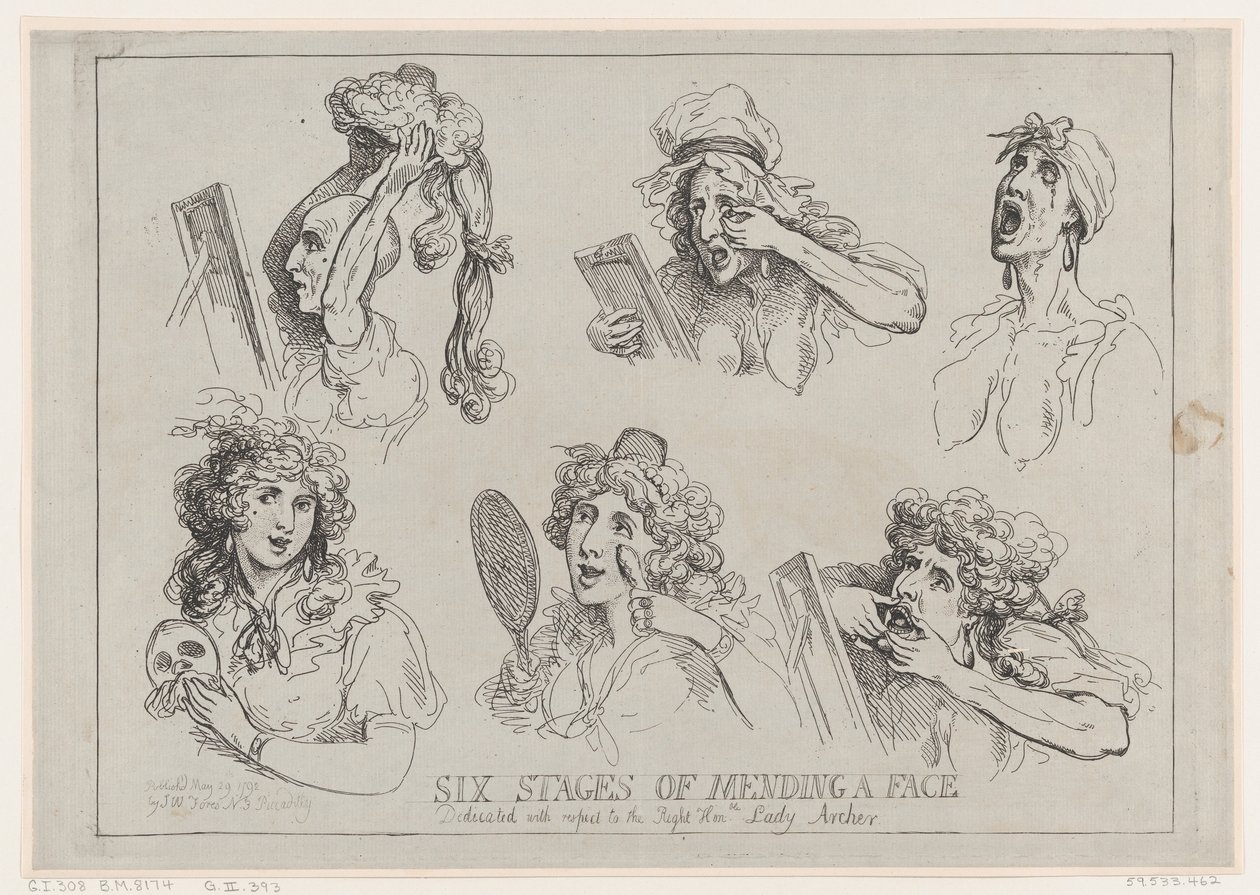 Zes stadia van het herstellen van een gezicht, toegewijd met respect aan de Eerwaarde Lady Ar..., 29 mei 1792 door Thomas Rowlandson