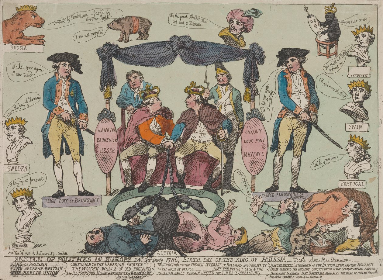 Schets van de politieke situatie in Europa, 24 januari 1786 – Verjaardag van de koning van Pruisen--- door Thomas Rowlandson